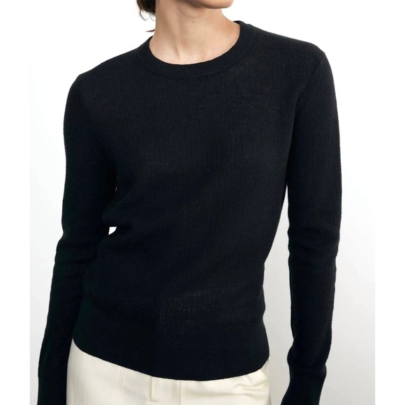 ENZA COSTA Linen Open Knit Crew Neck Sweater Womens Small Black Quite Luxury NEW - Picture 1 of 15